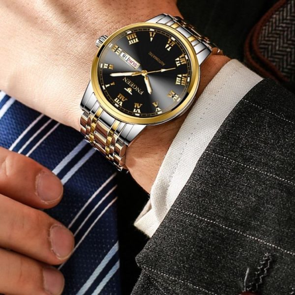 FNGEEN 4002 Men Roman Numeral Dial Sports Watch Student Luminous Quartz Watch (Brown Leather And Gold Blue Surface) - Image 7