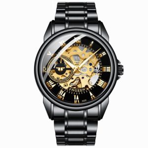 FNGEEN 0020 Men And Women Automatic Mechanical Watch Double-sided Hollow Business Watch (Black Steel Belt Black Surface)