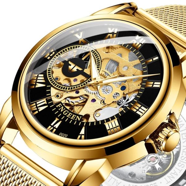 FNGEEN 0020 Men And Women Automatic Mechanical Watch Double-sided Hollow Business Watch (Black Steel Belt Black Surface) - Image 3