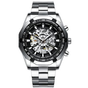 FNGEEN A001 Men Fashion Steel Band Hollow Watch Automatic Mechanical Watch (Black)