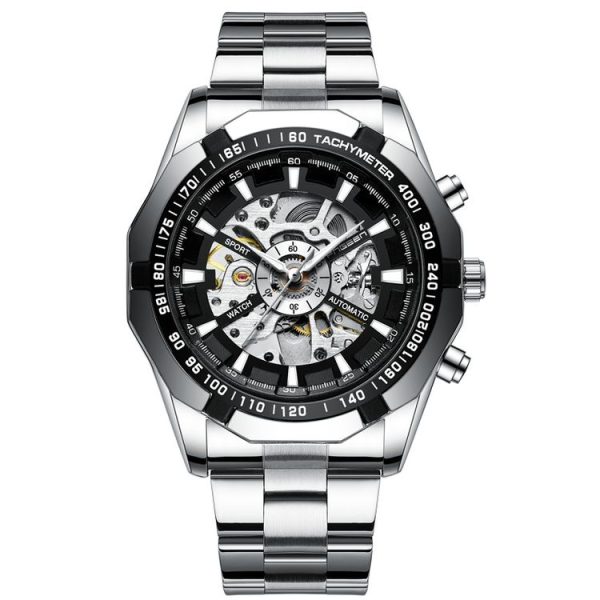 FNGEEN A001 Men Fashion Steel Band Hollow Watch Automatic Mechanical Watch (Black)