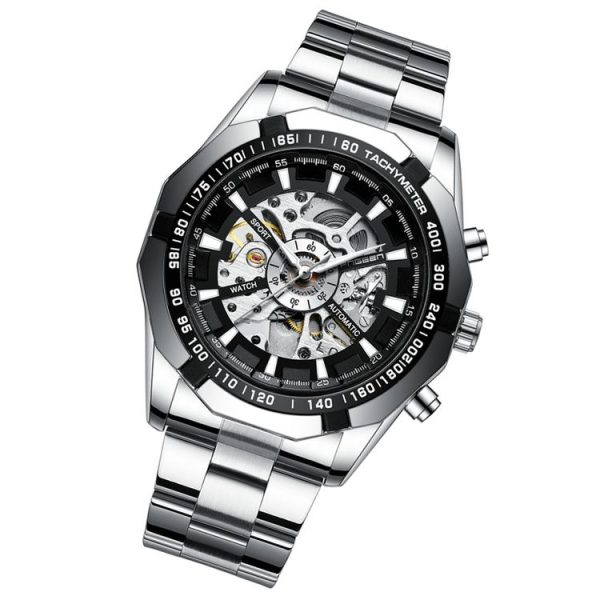 FNGEEN A001 Men Fashion Steel Band Hollow Watch Automatic Mechanical Watch (Black) - Image 2