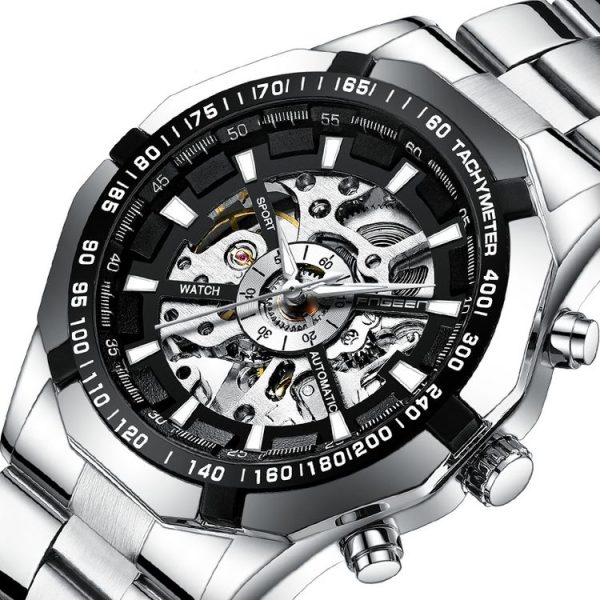 FNGEEN A001 Men Fashion Steel Band Hollow Watch Automatic Mechanical Watch (Black) - Image 4