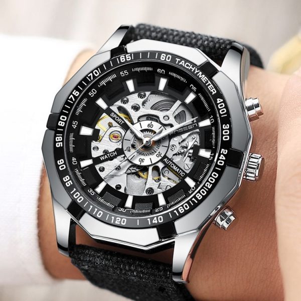FNGEEN A001 Men Fashion Steel Band Hollow Watch Automatic Mechanical Watch (Black) - Image 5