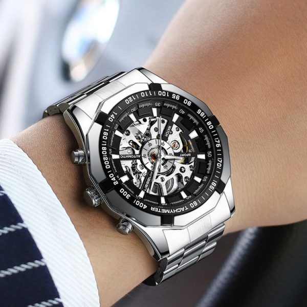 FNGEEN A001 Men Fashion Steel Band Hollow Watch Automatic Mechanical Watch (Black) - Image 6