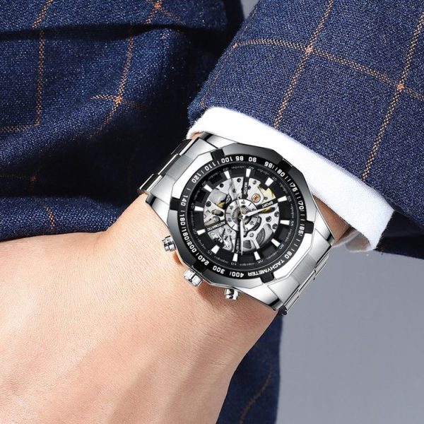 FNGEEN A001 Men Fashion Steel Band Hollow Watch Automatic Mechanical Watch (Black) - Image 7