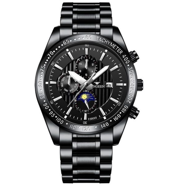 FNGEEN 5800 Men Three Eyes and Six Pins Watch Student Quartz Watch (Black Steel Black Surface)