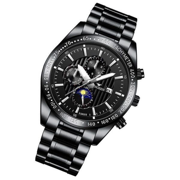 FNGEEN 5800 Men Three Eyes and Six Pins Watch Student Quartz Watch (Black Steel Black Surface) - Image 2