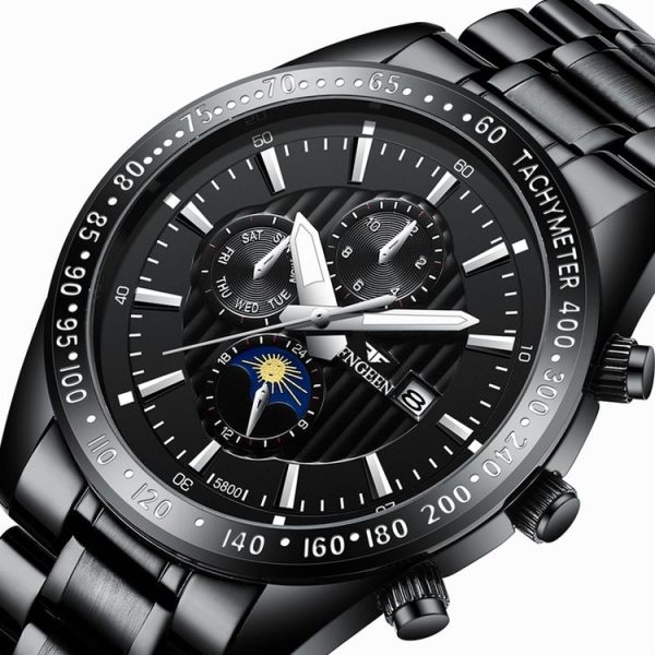 FNGEEN 5800 Men Three Eyes and Six Pins Watch Student Quartz Watch (Black Steel Black Surface) - Image 3