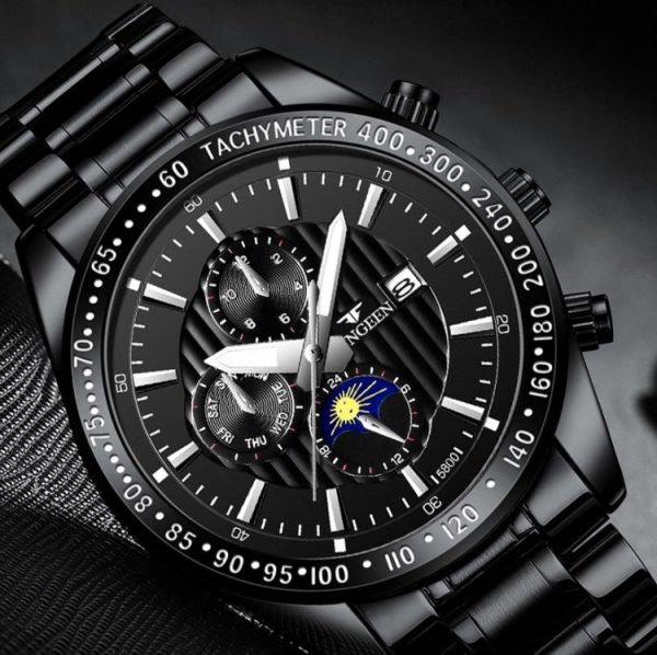 FNGEEN 5800 Men Three Eyes and Six Pins Watch Student Quartz Watch (Black Steel Black Surface) - Image 4