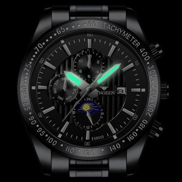 FNGEEN 5800 Men Three Eyes and Six Pins Watch Student Quartz Watch (Black Steel Black Surface) - Image 5