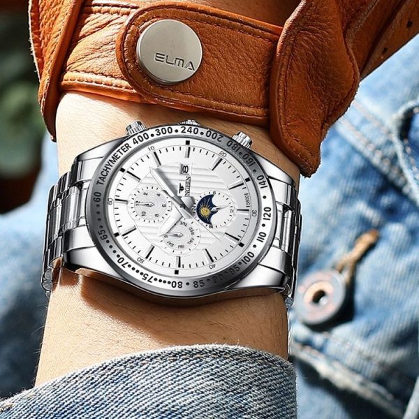 FNGEEN 5800 Men Three Eyes and Six Pins Watch Student Quartz Watch (Black Steel Black Surface) - Image 6