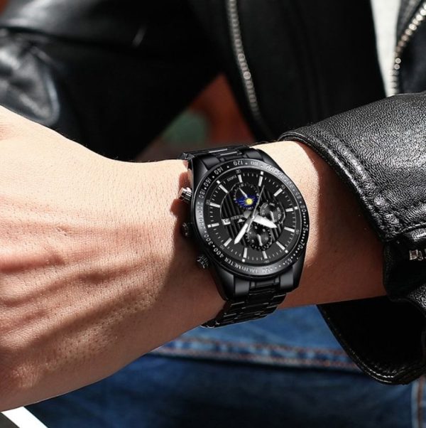 FNGEEN 5800 Men Three Eyes and Six Pins Watch Student Quartz Watch (Black Steel Black Surface) - Image 7