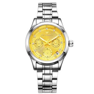 FNGEEN 3579 Ladies Fashion Hollow Automatic Mechanical Watch Calendar Watch (White Steel Belt Yellow Surface)