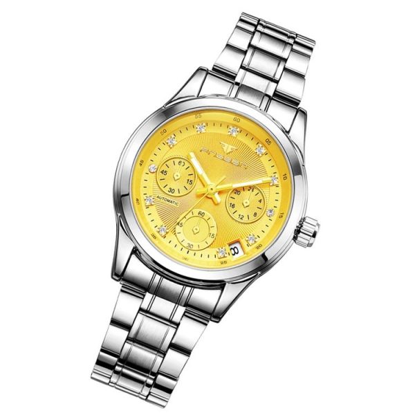 FNGEEN 3579 Ladies Fashion Hollow Automatic Mechanical Watch Calendar Watch (White Steel Belt Yellow Surface) - Image 2