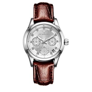 FNGEEN 3579 Ladies Fashion Hollow Automatic Mechanical Watch Calendar Watch (Leather Belt White Surface)