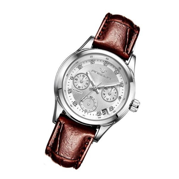FNGEEN 3579 Ladies Fashion Hollow Automatic Mechanical Watch Calendar Watch (Leather Belt White Surface) - Image 2