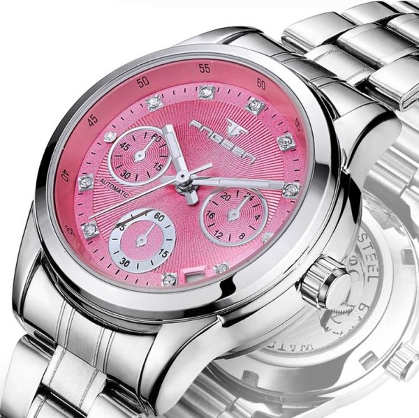 FNGEEN 3579 Ladies Fashion Hollow Automatic Mechanical Watch Calendar Watch (Leather Belt White Surface) - Image 3