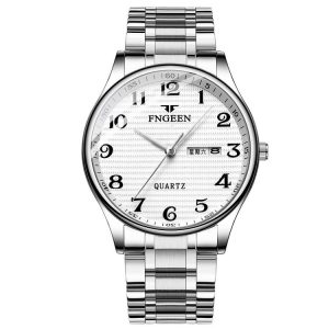 FNGEEN 7811 Middle-aged and Elderly Men Large Digital Dial Quartz Watch (White Steel White Surface)