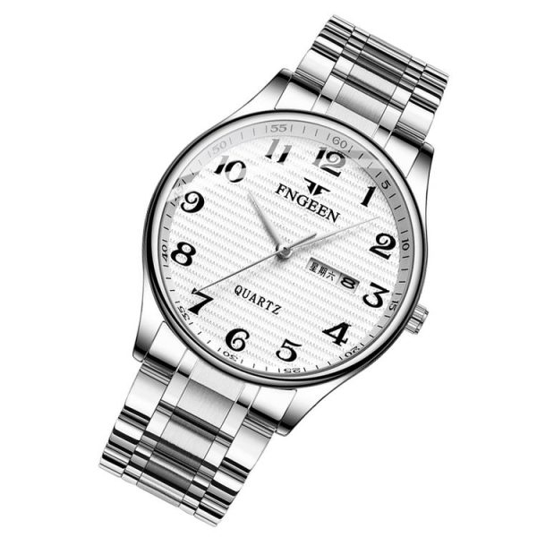 FNGEEN 7811 Middle-aged and Elderly Men Large Digital Dial Quartz Watch (White Steel White Surface) - Image 2