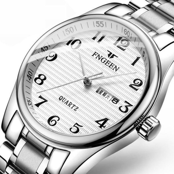 FNGEEN 7811 Middle-aged and Elderly Men Large Digital Dial Quartz Watch (White Steel White Surface) - Image 3
