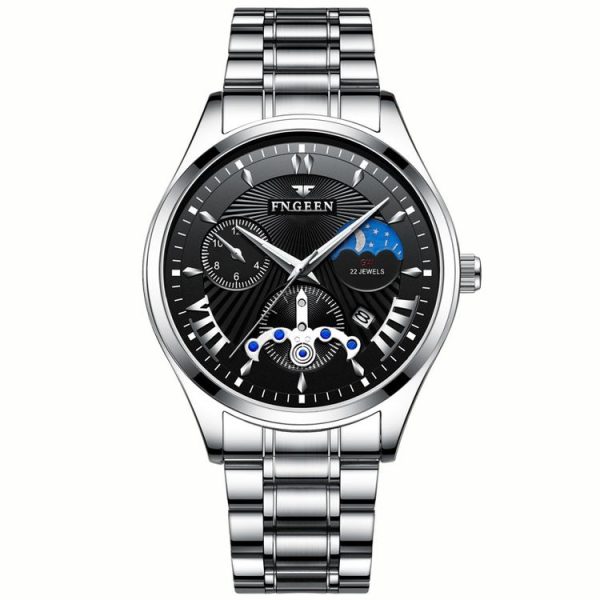 FNGEEN 5606 Men Luminous Casual Quartz Watch (White Steel White Shell Black Surface)