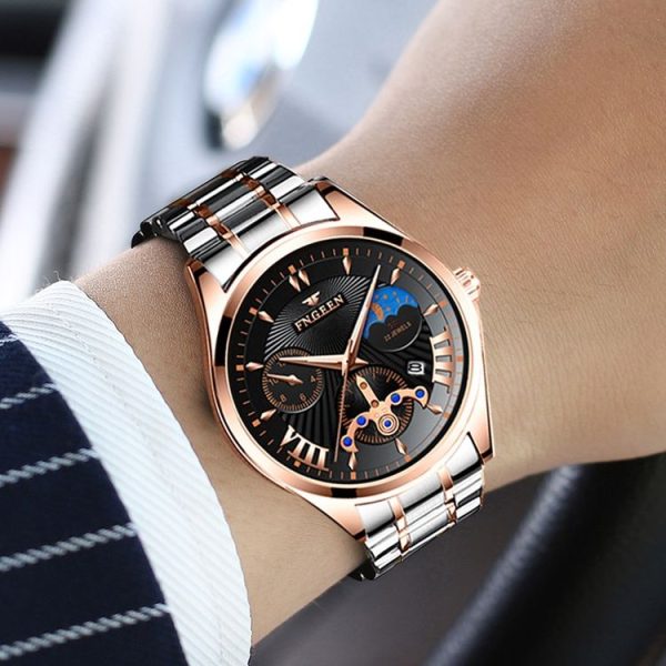 FNGEEN 5606 Men Luminous Casual Quartz Watch (White Steel White Shell Black Surface) - Image 9