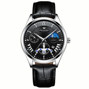 FNGEEN 5606 Men Luminous Casual Quartz Watch (Black Leather White Steel Black Surface)