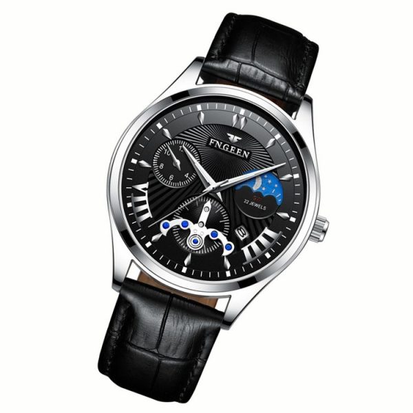 FNGEEN 5606 Men Luminous Casual Quartz Watch (Black Leather White Steel Black Surface) - Image 2