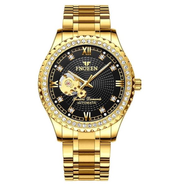 FNGEEN 8073 Men Automatic Mechanical Watch Diamond Hollow Fashion Watch (Full Gold Black Surface)