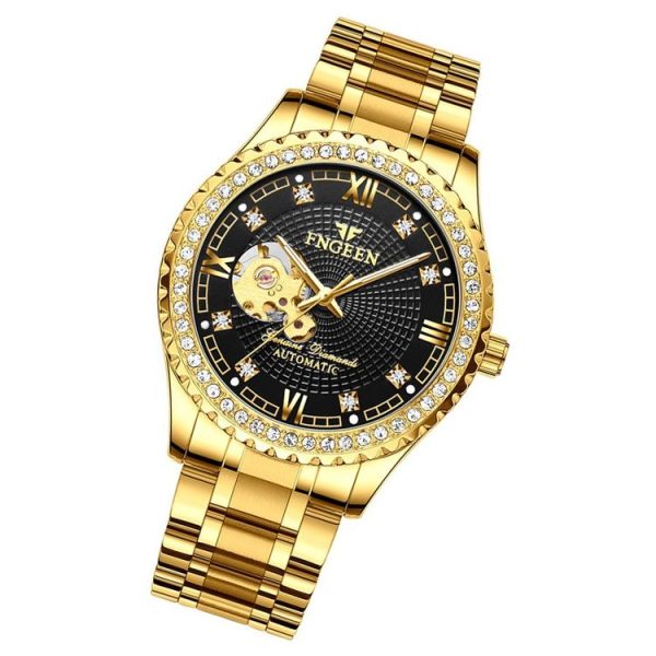FNGEEN 8073 Men Automatic Mechanical Watch Diamond Hollow Fashion Watch (Full Gold Black Surface) - Image 2