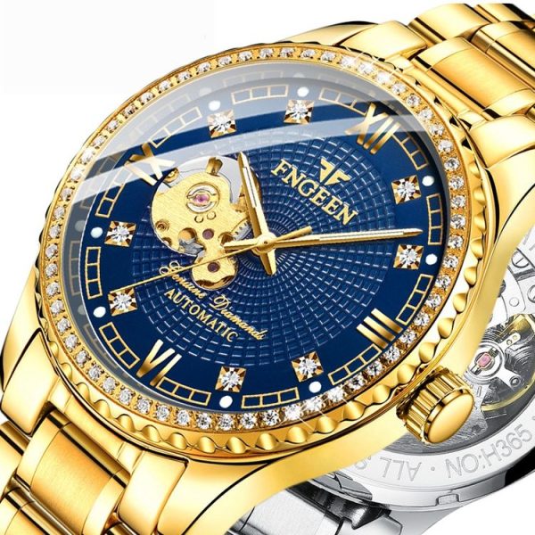 FNGEEN 8073 Men Automatic Mechanical Watch Diamond Hollow Fashion Watch (Full Gold Black Surface) - Image 3