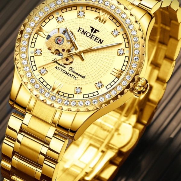 FNGEEN 8073 Men Automatic Mechanical Watch Diamond Hollow Fashion Watch (Full Gold Black Surface) - Image 4