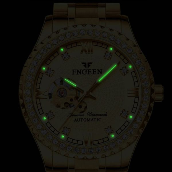 FNGEEN 8073 Men Automatic Mechanical Watch Diamond Hollow Fashion Watch (Full Gold Black Surface) - Image 5