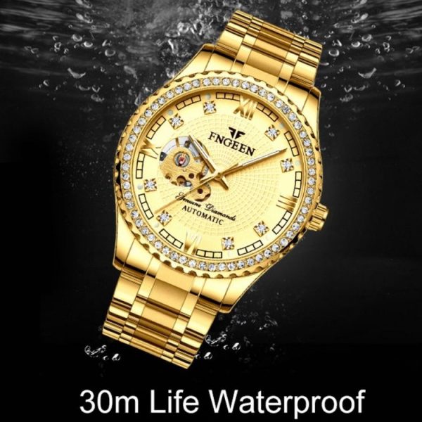 FNGEEN 8073 Men Automatic Mechanical Watch Diamond Hollow Fashion Watch (Full Gold Black Surface) - Image 6