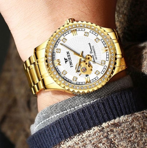 FNGEEN 8073 Men Automatic Mechanical Watch Diamond Hollow Fashion Watch (Full Gold Black Surface) - Image 8