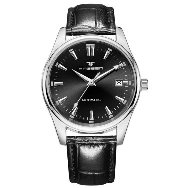 FNGEEN 2111 Men Simple Luminous Calendar Quartz Watch (Black Leather White Shell Black Surface)