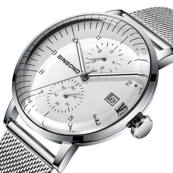 BINBOND B5029 Men 3D Curved Screen Stylish Multifunctional Quartz Watch (White Mash White Shell Black Surface) - Image 3