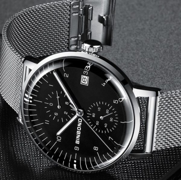 BINBOND B5029 Men 3D Curved Screen Stylish Multifunctional Quartz Watch (White Mash White Shell Black Surface) - Image 4