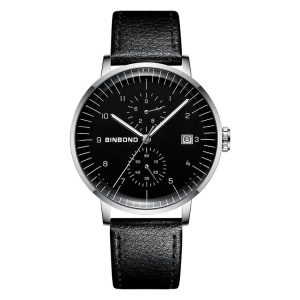 BINBOND B5029 Men 3D Curved Screen Stylish Multifunctional Quartz Watch (Leather Belt White Shell Black Surface)