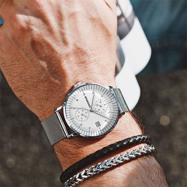 BINBOND B5029 Men 3D Curved Screen Stylish Multifunctional Quartz Watch (Leather Belt White Shell Black Surface) - Image 7