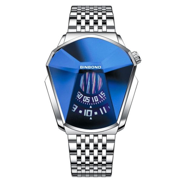 BINBOND 01 Men Locomotive Concept Diamond Dial Quartz Watch (White Steel Blue Surface)