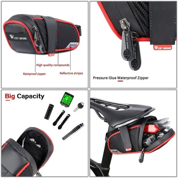 WEST BIKING Bicycle Waterproof Tail Bag Mountain Bike Riding Equipment Saddle Bag Small (Black Gray) - Image 4