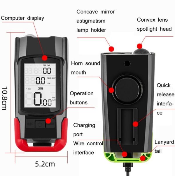 WEST BIKING 3 In 1 Wireless Bicycle Speedometer With Horn & Front Light Upgraded Version (Red) - Image 4