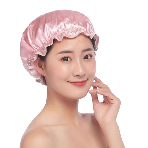 Lovely Thick Women Satin Colorful Double Waterproof Hair Cover Bathing Cap (Pink) - Image 3