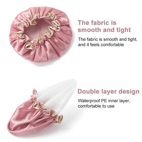 Lovely Thick Women Satin Colorful Double Waterproof Hair Cover Bathing Cap (Pink) - Image 4