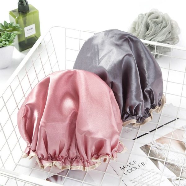 Lovely Thick Women Satin Colorful Double Waterproof Hair Cover Bathing Cap (Pink) - Image 6