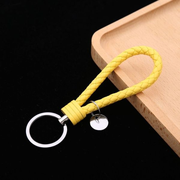 Woven Leather Cord Keychain Car Pendant Leather Key Ring Baotou With Small Round Piece (Yellow)