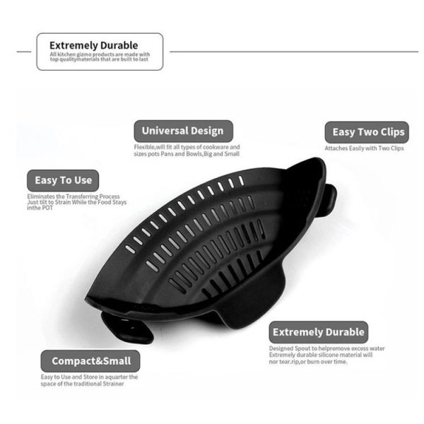 Wide Mouth Silicone Drainer Pot Side Drain To Block Fruit Noodle Strainer (Black) - Image 4