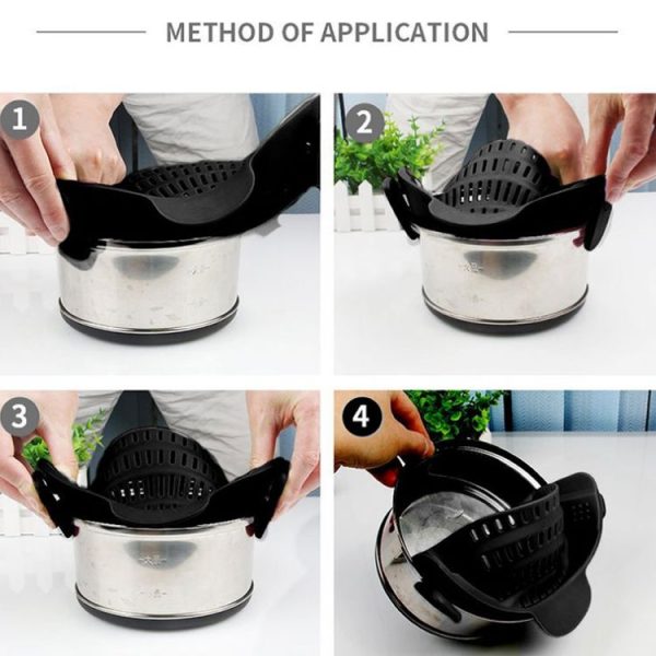 Wide Mouth Silicone Drainer Pot Side Drain To Block Fruit Noodle Strainer (Black) - Image 7